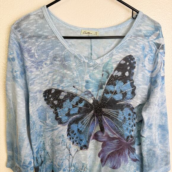 Cactus Sweater Top Womens Medium Blue Multi Butterflies Rhinestones Embellish * - Picture 7 of 10